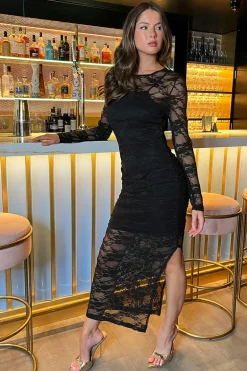 Black Lace Overlay Long Sleeve Bodycon Midi Dress