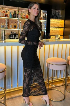 Black Lace Overlay Long Sleeve Bodycon Midi Dress