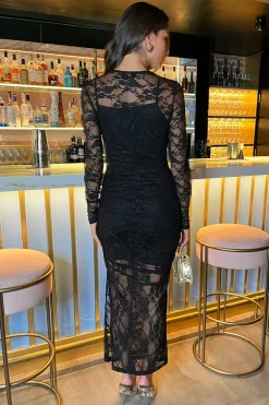 Black Lace Overlay Long Sleeve Bodycon Midi Dress