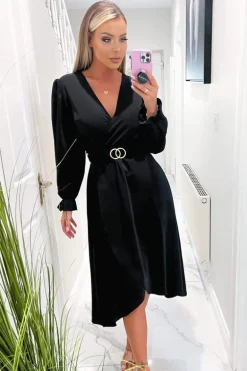 Black Long Sleeve Belted Midi Dress