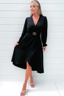 Black Long Sleeve Belted Midi Dress