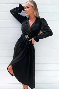 Black Long Sleeve Belted Midi Dress