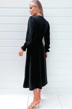 Black Long Sleeve Belted Midi Dress