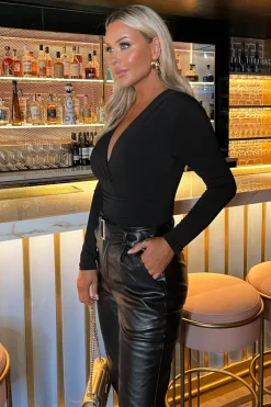 Black Long Sleeve Drape Waist Wrap Bodysuit