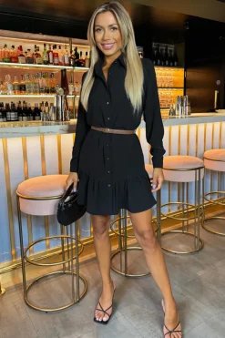 Black Long Sleeve Frill Hem Shirt Mini Dress