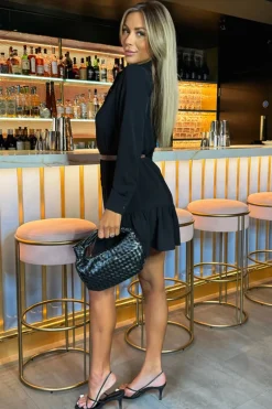 Black Long Sleeve Frill Hem Shirt Mini Dress