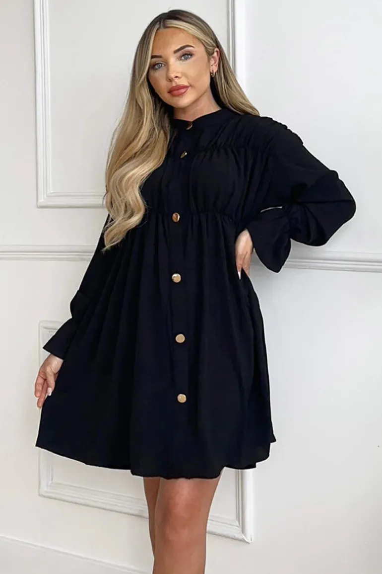 Black Long Sleeve Gathered Detail Button Front Dress