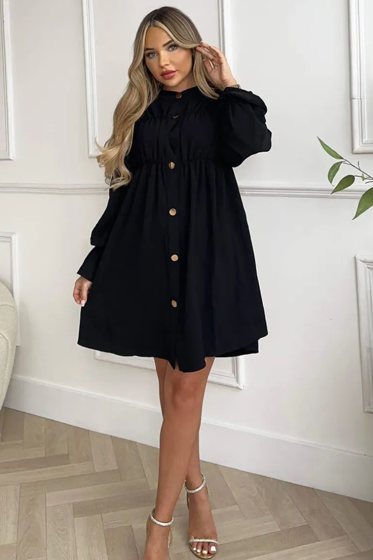 Black Long Sleeve Gathered Detail Button Front Dress