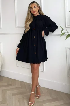 Black Long Sleeve Gathered Detail Button Front Dress