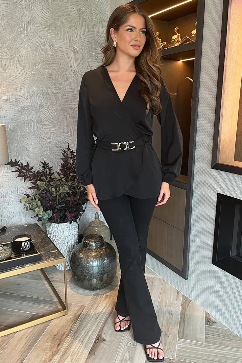 Black Long Sleeve Gold Detail Belt Wrap Top