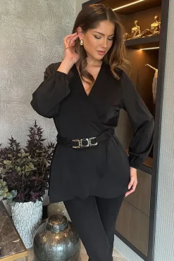 Black Long Sleeve Gold Detail Belt Wrap Top