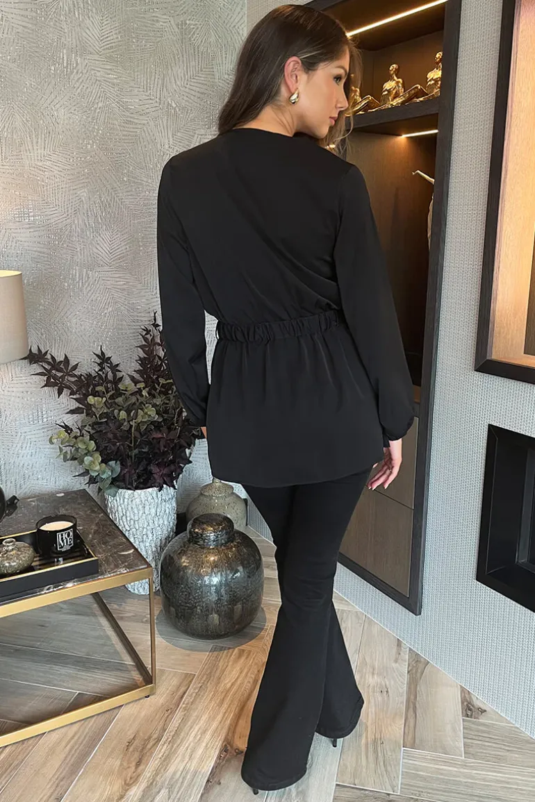 Black Long Sleeve Gold Detail Belt Wrap Top