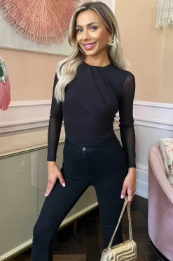 Black Long Sleeve Pleat Detail Mesh Bodysuit