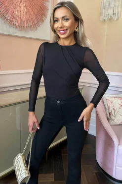 Black Long Sleeve Pleat Detail Mesh Bodysuit