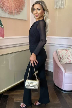 Black Long Sleeve Pleat Detail Mesh Bodysuit