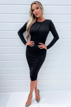 Black Long Sleeve Ruched Midi Bodycon Dress