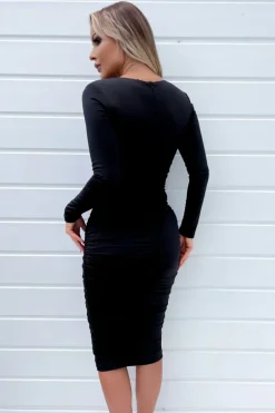 Black Long Sleeve Ruched Midi Bodycon Dress