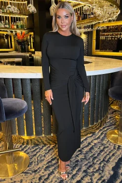 Black Long Sleeve Sash Bodycon Midi Dress