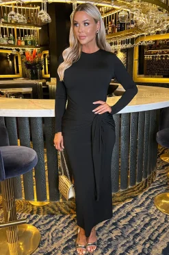 Black Long Sleeve Sash Bodycon Midi Dress