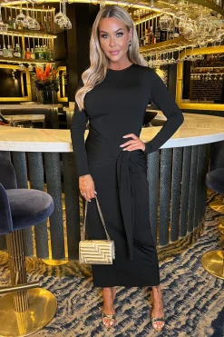 Black Long Sleeve Sash Bodycon Midi Dress