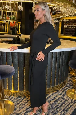 Black Long Sleeve Sash Bodycon Midi Dress