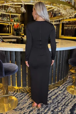 Black Long Sleeve Sash Bodycon Midi Dress