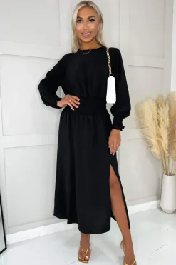 Black Long Sleeve Shirred Detail Midi Dress