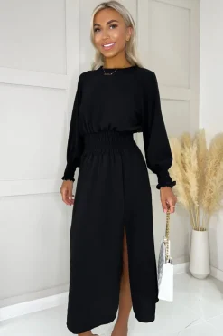 Black Long Sleeve Shirred Detail Midi Dress