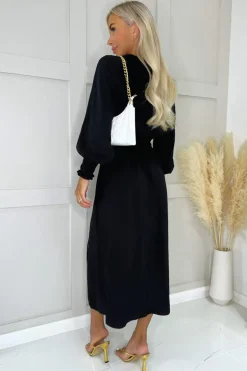 Black Long Sleeve Shirred Detail Midi Dress