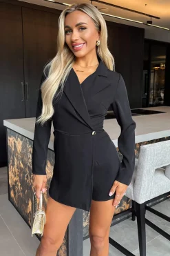 Black Long Sleeve Wrap Blazer Playsuit