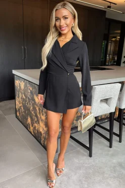 Black Long Sleeve Wrap Blazer Playsuit