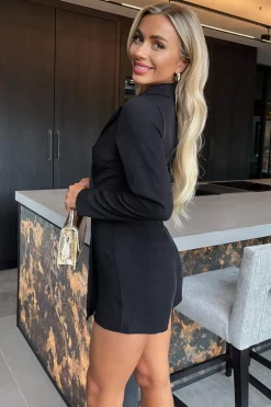 Black Long Sleeve Wrap Blazer Playsuit