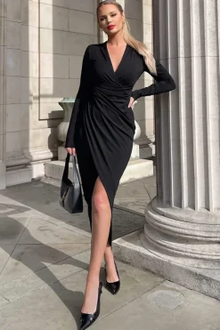 Black Long Sleeve Wrap Midi Dress