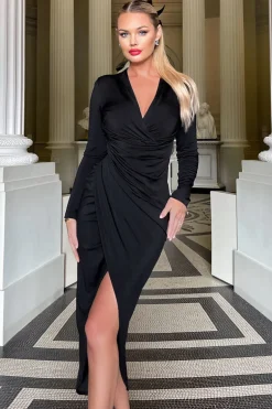 Black Long Sleeve Wrap Midi Dress