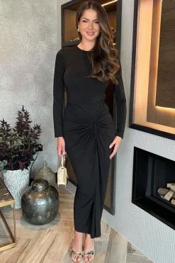 Black Long Sleeves Knot Skirt Bodycon Midi Dress