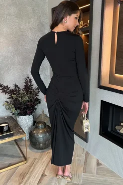 Black Long Sleeves Knot Skirt Bodycon Midi Dress