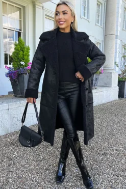 Black Longline Faux Shearling Coat
