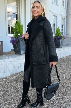 Black Longline Faux Shearling Coat