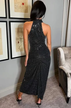 Black Metallic Sequin Halter Neck Knot Skirt Midi Dress