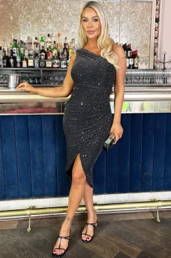 Black Metallic Sparkle and Sequin One Shoulder Draped Wrap Skirt Midi Dress