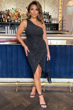 Black Metallic Sparkle and Sequin One Shoulder Draped Wrap Skirt Midi Dress