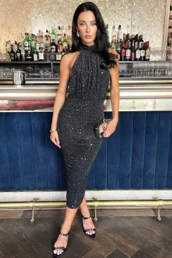 Black Metallic Sparkle Halter Neck Ruched Midi Dress