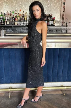 Black Metallic Sparkle Halter Neck Ruched Midi Dress