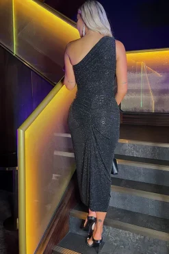 Black Metallic Sparkle One Shoulder Gathered Midi Dress