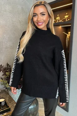 Black Mock Neck Blanket Stitch Detail Knit Jumper