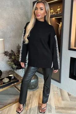 Black Mock Neck Blanket Stitch Detail Knit Jumper