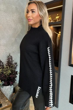 Black Mock Neck Blanket Stitch Detail Knit Jumper