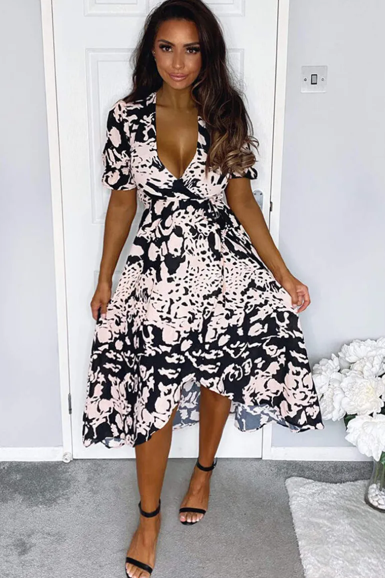 Black Nude Abstract Print Wrap Midi Dress