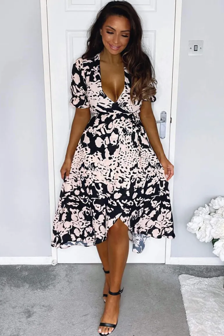 Black Nude Abstract Print Wrap Midi Dress