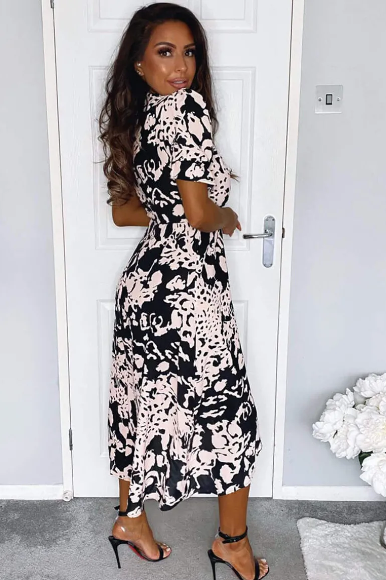 Black Nude Abstract Print Wrap Midi Dress